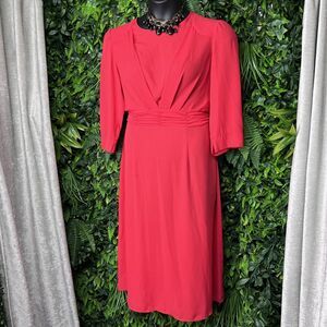 NANETTE LEPORE Dress Women 12 Coral‎ Red Pleated Waist Midi Round Neckline 2034